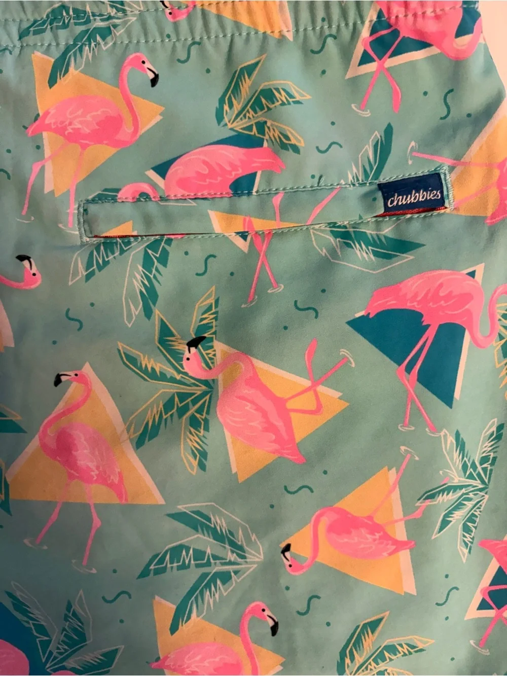 chubbies Aqua Swim Trunks with Pink Flamingo Print